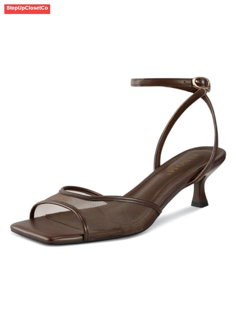 Women's Mesh Square Toe Kitten Heel Sandals Ankle Strap Dress Shoes